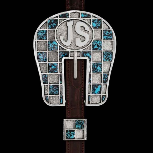 Our Friesian Headstall Buckle is handcrafted on a German Silver base featuring our signature checkerboard pattern detailed with our Crush Stones in the color of your choice. In the center of the headstall customize the lettering to showcase your initials,